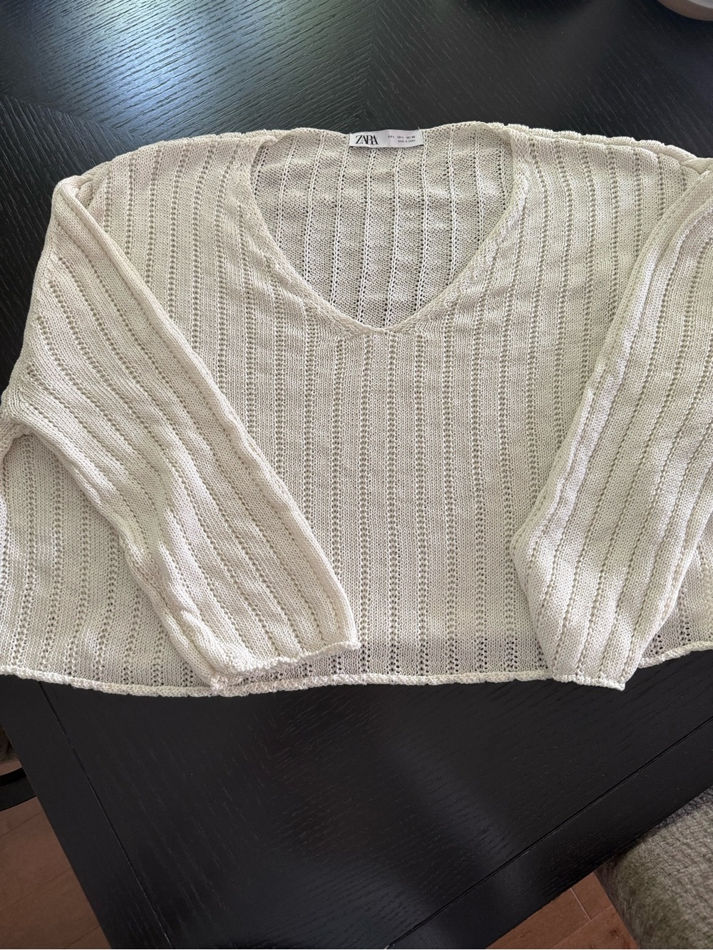 Zara Cream V-Neck Open Knit Sweater
